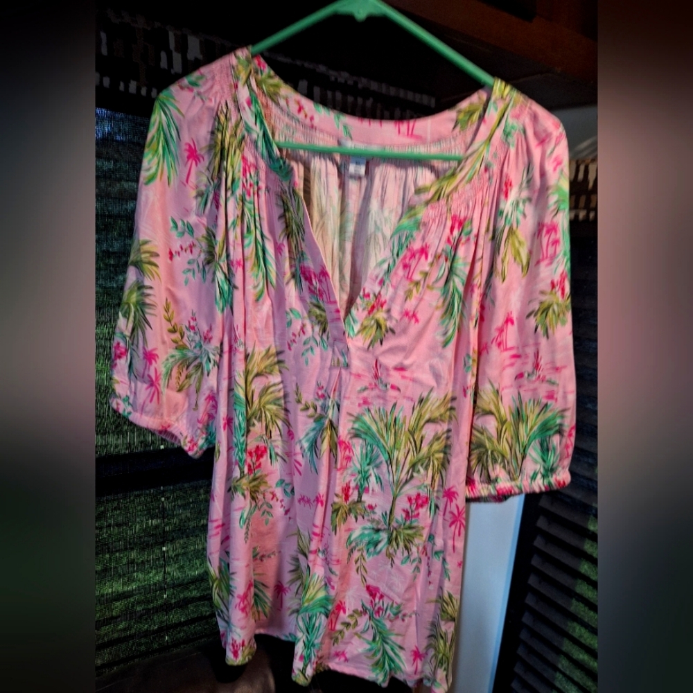 Crown & Ivy Pink and Green Tropical Blouse
